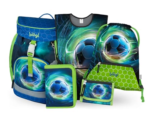 Baagl Schulranzen Jungen Set 5 Teilig (Airy Schultasche für 1. Klasse Mäppchen Turnbeutel Schürze Brustbeutel) Grundschule Ranzen Ergonomischer Schulrucksack 16 5 l (Fußball)