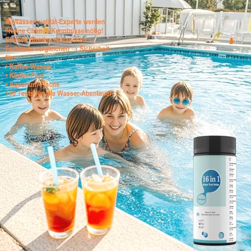 Fontee 16-in-1 Wasserteststreifen (100 Stk.) – Prüft pH, Nitrit, Chlor, Härte, Quecksilber & Blei in Trinkwasser, Pool, Aquarium