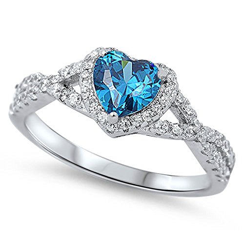 Sterling Silver Infinity Band Simulated Blue Topaz CZ Halo Heart Promise Ring 8MM (Size 4 to 12)