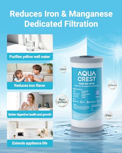 Image of AQUA CREST WF10FG Whole House Water Filter, Compatible with WHF21-FG, GE GXWH40L, FXHTC, Ispring, Culligan RFC-BBSA, Whirlpool, Any 10 inch x 4.5 inch System, Reduces Iron and Manganese