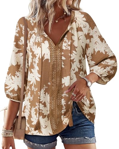 Gaharu Women's 3/4 Sleeve Boho Tops Casual V Neck Floral Print Loose Fit Blouses Tunic2