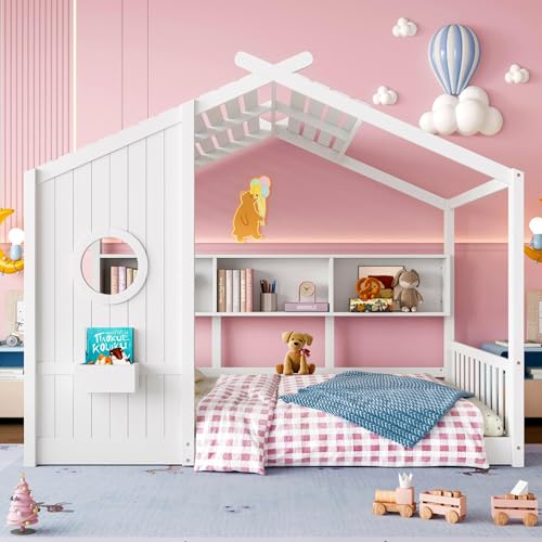 Image of Full Size Floor House Bed with Roof and Window for Kids, Wooden Playhouse Bed with Storage Shelves for Bedroom Furniture Girls & Boys (White /L1, Full)