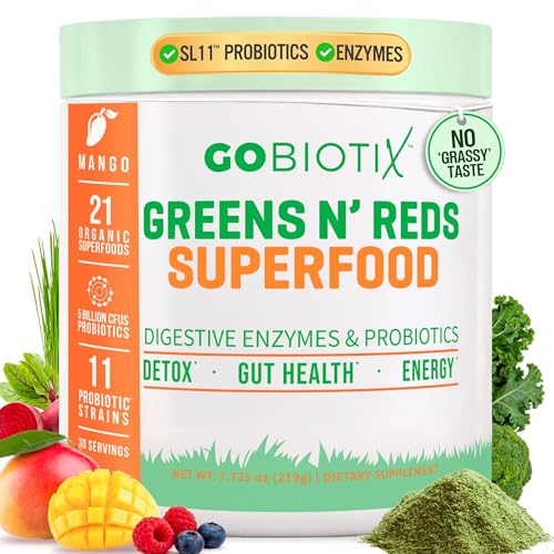 Super Greens Powder with Organic Spirulina - Superfood Supplement with Fruit Blend, Probiotics and Enzymes for Digestive Health - Vegan, Non-GMO - 1 Scoop Daily, 30 SRV (Mango -1 Pack)