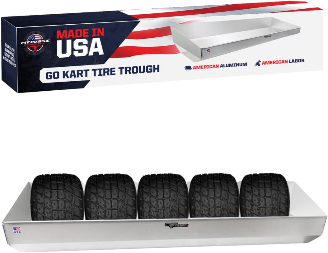 Pit Posse 491 Go Kart Karting Tire Rack Aluminum Holder Cabinet Organizer - Made in USA - Enclosed Cargo Race Trailer, Garage, Shop, Automotive Accessories - Trough Design for Go Cart Tires