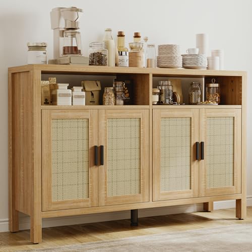 Image of Mericonia Rattan Buffet Cabinet with Storage, Sideboard with Doors, Console Table, Farmhouse Coffee Bar, Modern Wood Storage Cabinets(Natural 2.0)