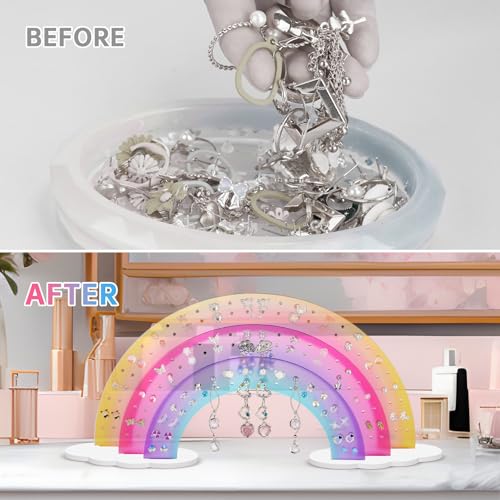 NiHome Rainbow Shaped Gradient Acrylic Earring Organizer with 140 Holes, Multicolored Jewelry Display Stand with White Cloud Base for 70 Pairs of Earrings for Home, Office, Travel, Vanity Use by NiHome - Used condition - Image 5