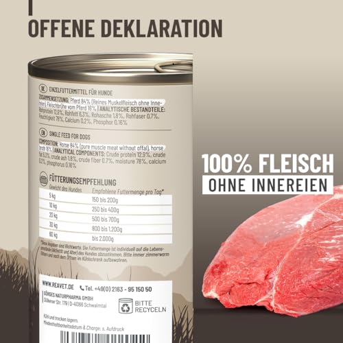 ReaVET Premium Hunde Nassfutter - Pferd Pur 12 x 400g I Reines Muskelfleisch, Hypoallergen, ohne Getreide & Zusätze, Hundenassfutter sensitiv für Allergiker