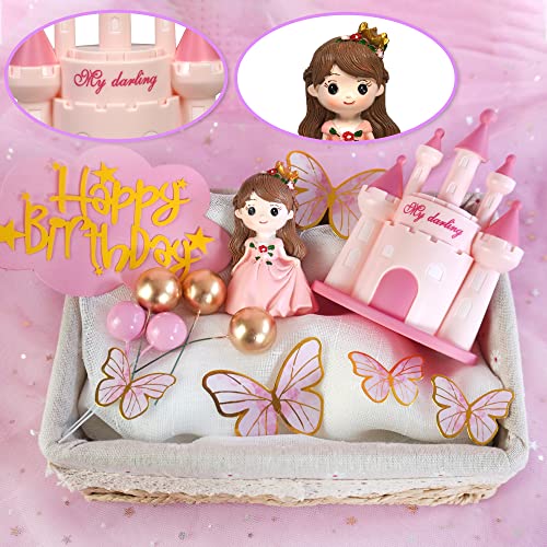 19 Pcs Princess Cake Topper Castle Cake Decoration With Butterflies And Balls For Girl Kid Happy Birthday Party Decorations Princess Baby Shower Supplies (Pink) #TOP2