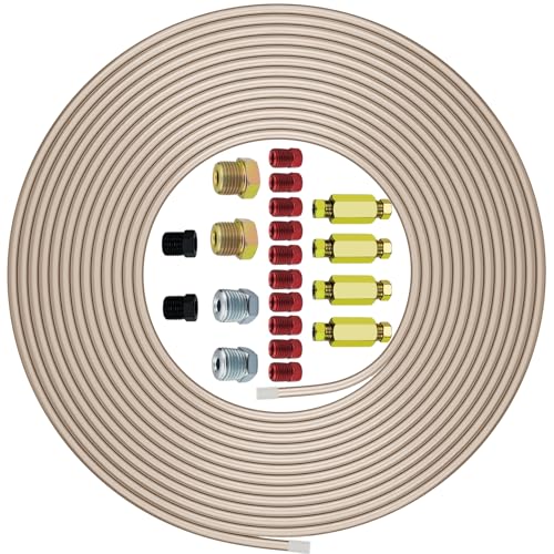 Genuine 3/16ODx25FT Copper Nickel Brake Line Replacement Kit with 16 Nuts & 4 Unions/Connector Non-Magnetic Copper Tubing with Fittings for Brake Systems Easy to bend Corrosion-Resistant