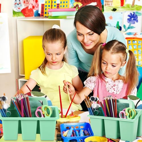 Image of WILLBOND 12 Pcs Classroom Storage Caddies Stackable Utility Caddies with 4 Compartment Plastic Caddy with Handle Portable Storage Bins Organizers for Kids Schools Art Craft Supplies(Green)