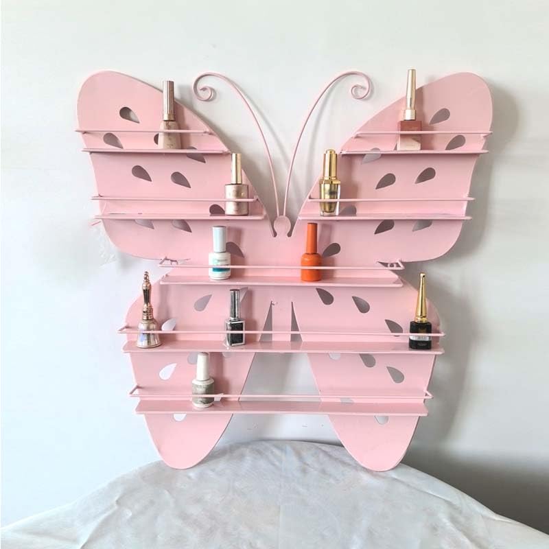 Butterfly Shaped Nail Polish Wall Rack, Essential Oil & Nail Polish Organizer, Metal Floating Storage Holder, for Home and Salon,Pink