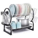 TOOLF 2-Tier Dish Rack,Easy Assemble Large Capacity Dish Drying Rack with Side Mounted Utensil Holder and Cup Holder, Organizing Dishes Kitchen Counter Top or Sink Side