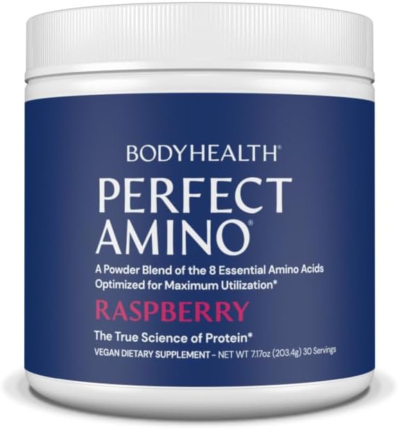 BodyHealth PerfectAmino Powder - BCAA and EAA Powder for Pre and Post Workout - Amino Acid Energy Drink Powder for Men and Women to Support Lean Muscle and Recovery - Raspberry - 30 Servings