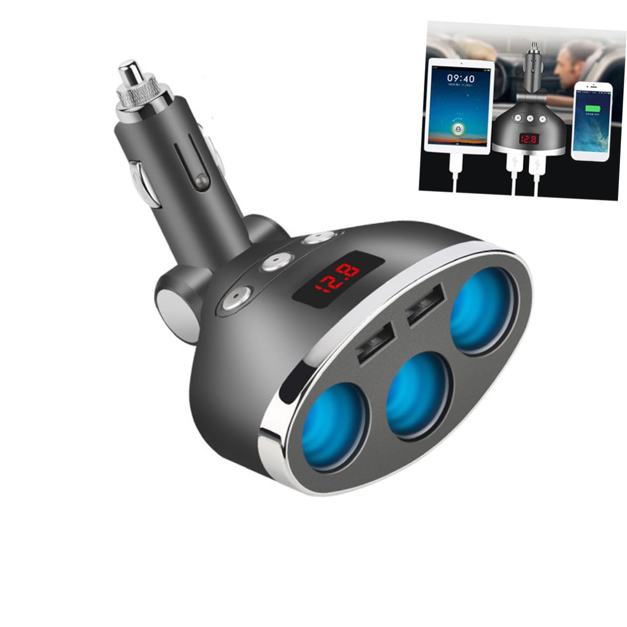 Caricabatterie Auto con Splitter da Prese Accendisigari Dc Alimentatore Auto con Off e Display Tensione Doppia Porta USB Ricarica Rapida per Cellulari Tablet