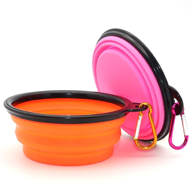 Tigelas dobráveis para viagem para cães com mosquet钧, plástico leve SLSON, Orange+Pink, pacote com 2