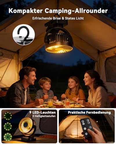 ArsMotin USB Tischventilator Leise mit 12000mAh Akku, Clip Camping Ventilator mit Fernbedienung, Mini Akku Ventilator mit Licht & Timer, 360° Drehbar, 3 Windstufen, Max 44Std Laufzeit für Camping
