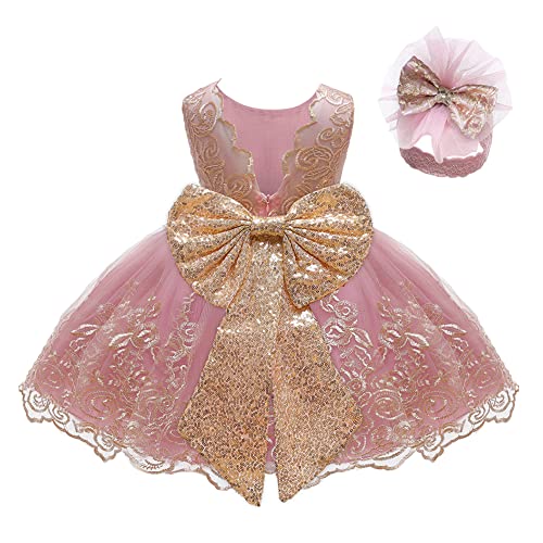 Image of LZH Baby Girls Ruffle Lace Backless with Headwear,Bowknot Flower Dresses Pageant Party Wedding Baby Girl Christmas Dress