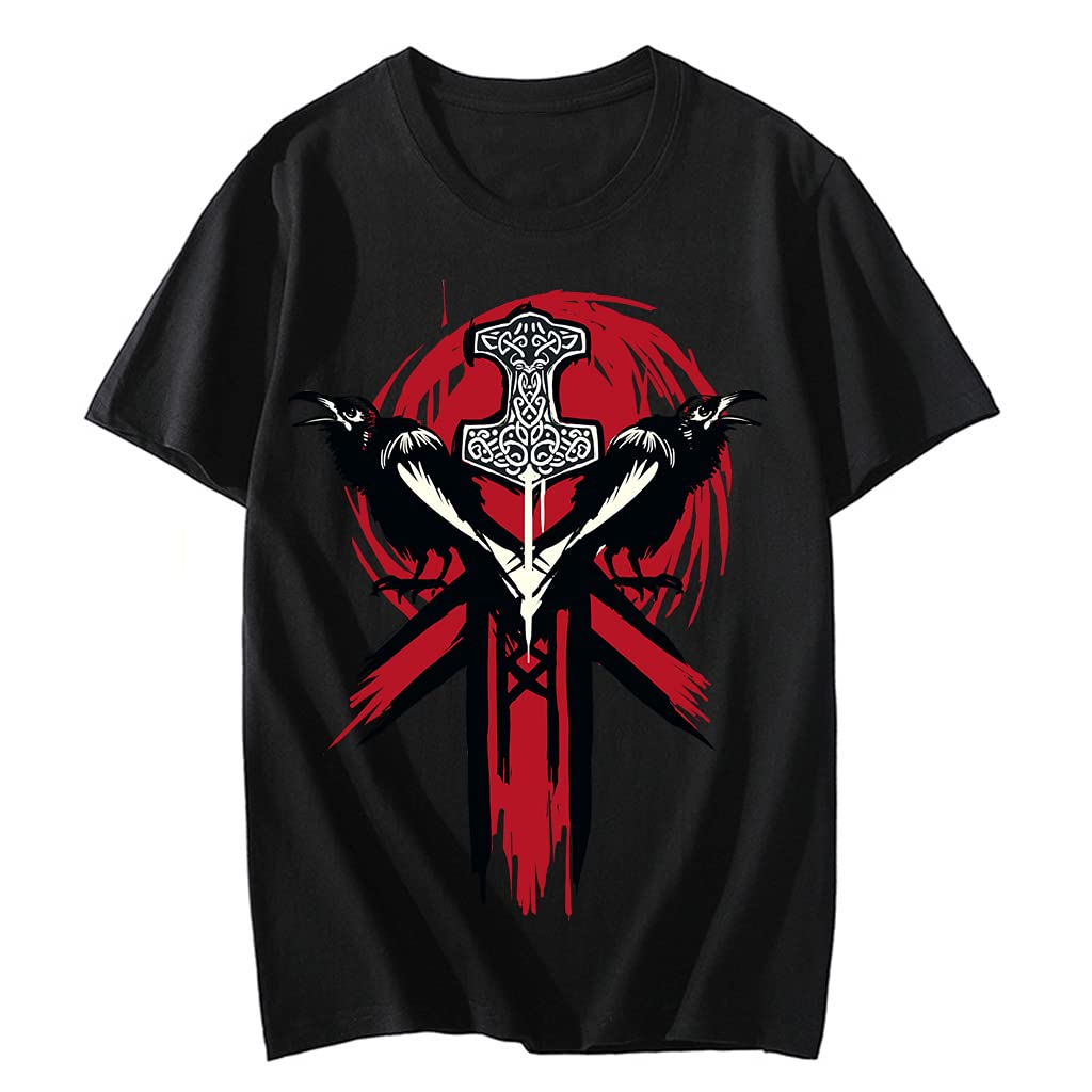 T-shirt court Viking homme en coton noir imprimé 3D corbeau mythologique