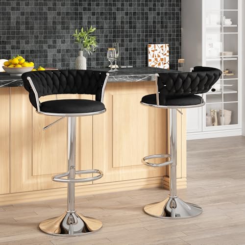 Image of Lamerge Velvet Bar Stools Set of 2,Swivel Bar Chairs Counter Adjustable Height Barstools with Back & Footrest,Upholstered Kitchen Island Chairs for Pub(2PCS Black)