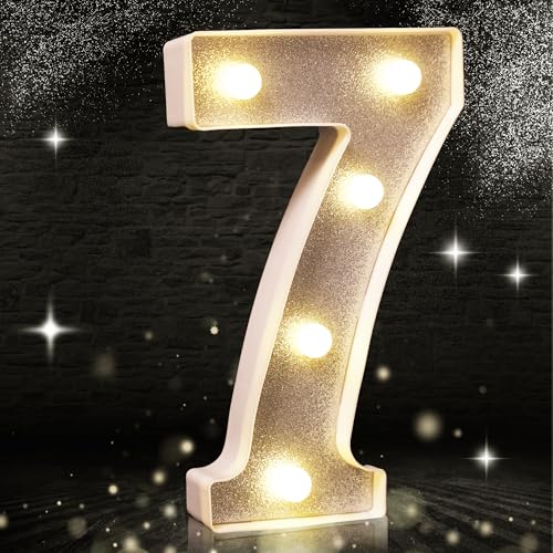 Lumière LED en forme de chiffre 7 à paillettes argentées, convient pour décoration de fête d'anniversaire, fête prénatale, fond de mariage, décoration d'intérieur, 21,6 cm (blanc chaud)