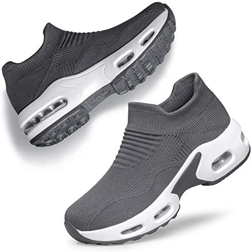 DOUSSPRT Walking Shoes for Women Slip on Sock Sneakers Lady Girls Nurse Mesh Air Cushion Platform Loafers Fashion Casual Grey US Size 7 7.5