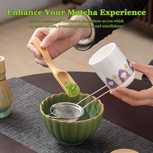 Juego de 6 batidores de matcha, batidores de bambú hechos a mano, pala de té tradicional, cuchara de matcha y soporte de batidor de cerámica esmaltada, regalos de matcha para principiantes