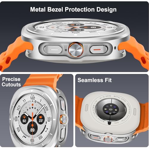Image of Metal Case Compatible with Samsung Galaxy Watch Ultra /Ultra 2 (2025) 47mm with Back Cover, Rugged Thin Hard Frame Protective Cover for Galaxy Watch 7 /8 Ultra 47mm - Silver White