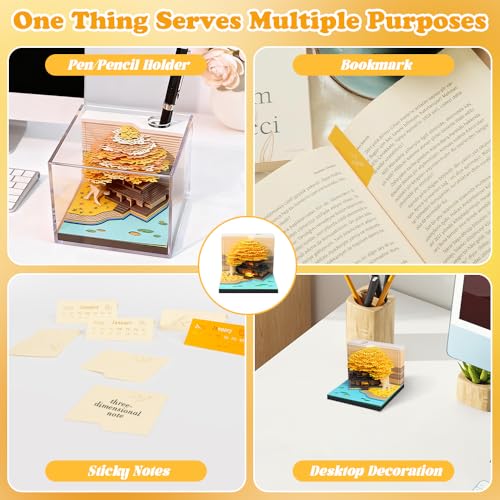 CLIUNT Schreibtisch Kalender mit LED Lichtern, 3D Kalender Abreißen 2026, Schreibtisch 3D Memo Pad Papier, 3D-Notizblock, Tischkalender-Notizblock, 3D Memoblock Papier Schloss Kunst(Gelb)