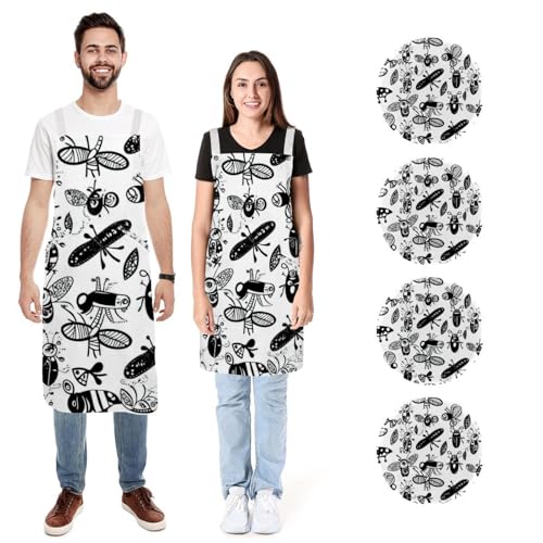 Tablier de cuisine en lin lot de 2 avec poches réglables style abstrait noir