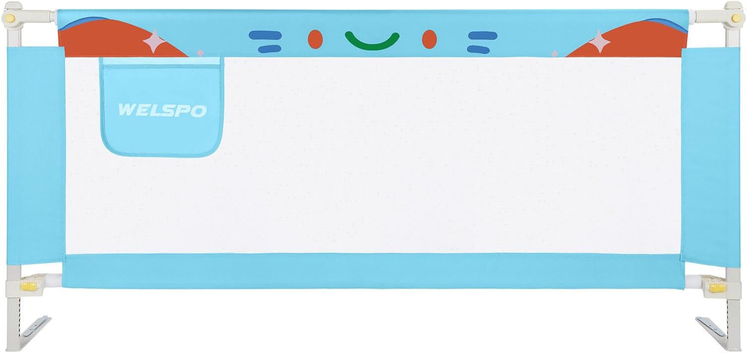 welspo 180 x 68 cm Bed Rail for Toddlers No Installation Fold Down Safety Baby Bed Guard Swing Down Bedrail for Convertible Crib, Blue [Upgraded] (1 Pack)