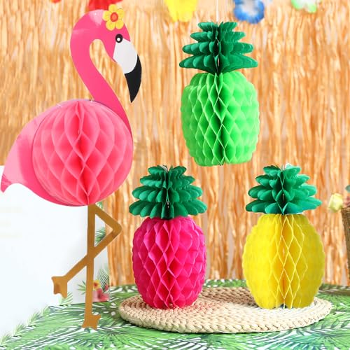 Image of Hawaiian Tropical Birthday Party Decorations, Flamingo and Palm Leaves Banner Pineapple Flamingo Honeycomb Ball Tissue Paper Fan Pom poms Flowers for Summer Luau Beach Party Suuplies