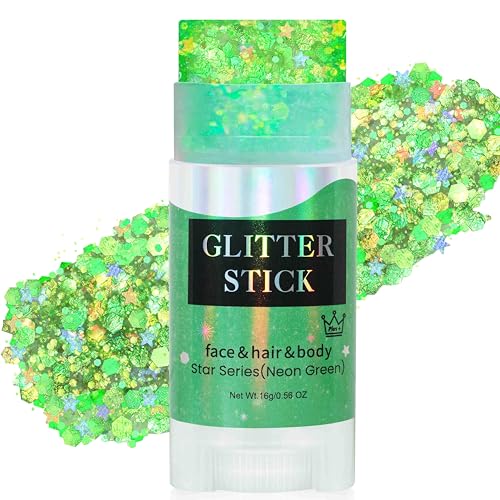 MEICOLY Neon Green Body Glitter Stick Irish St Patricks Day Light Green Accessories for Spirit Week Alien Face Glitter Hair Glitter for Women Festival Chunky Makeup for Mardi Gras