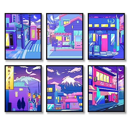 Japanische Wandkunstdrucke, Set mit 6 Neon-Postern, abstrakte Anime-Illustration, Wanddekoration, japanische Straßen im Nachthimmel, Fuji-Bild, Foto, Mode, Leinwand, Kunstgemälde für Wohnzimmer,
