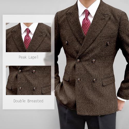 Men's Vintage Tweed Jacket Blazer Two Buttons Double Breasted Sports Coat with Pockets Wedding Groomsmen Prom3