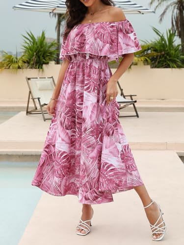 Image of CUPSHE Women Ruffle Floral Maxi Summer Dress Off Shoulder Short Sleeve Backless Flounce Bodice Slit Hem Beach Dresses