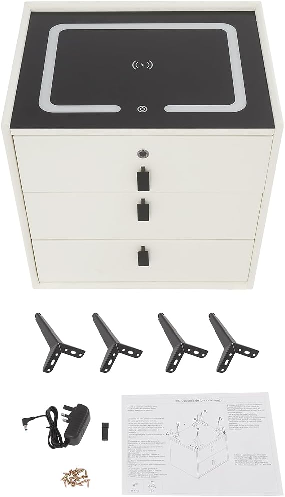 Smart Bedside Table LED Wireless Side Nightstand with 3 Drawers Wireless Charging USB Port Bluetooth Speaker Fingerprint Lock Tri-Color LED Light Solid Wood Nightstand (Beige White)