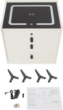 Smart Bedside Table LED Wireless Side Nightstand with 3 Drawers Wireless Charging USB Port Bluetooth Speaker Fingerprint Lock Tri-Color LED Light Solid Wood Nightstand (Beige White)