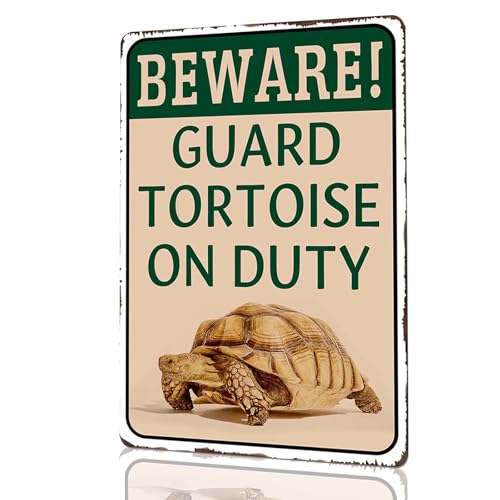 Tortoise Habitat Accessories Tin Sign – Beware Guard Tortoise on Duty Metal Sign, Outdoor Habitat Setup for Sulcata Tortoise, Turtle Enclosure Decor, Gift for Turtle Lovers – 8x12 Inch Metal Sign