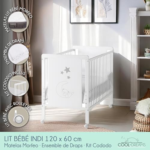 COOL · DREAMS Lit bébé Indi + kit de Couchage + Matelas HR + 4 Roues + Drap Housse + surmatelas CoolDreams – vue 2