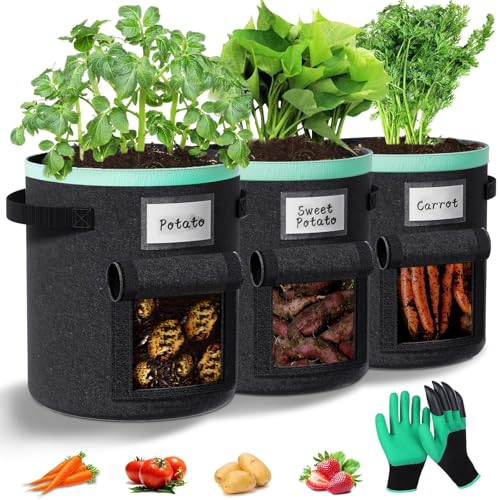Paerduo Kartoffel Pflanzsack 38 Liter 3 Stück: Pflanzsäcke mit Griffen und Sichtfenster Kartoffelpflanzsäcke Kartoffelsack zum Pflanzen für Gemüse Blumen Früchte (Schwarz 10 Gallonen)