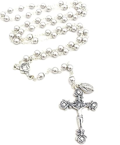 Catholic Silver Swarovski Pearls Shiny Gray Silver beads Rosary Necklace with Rose Detailed 2\"L Crucifix Pendant (Italian Made)