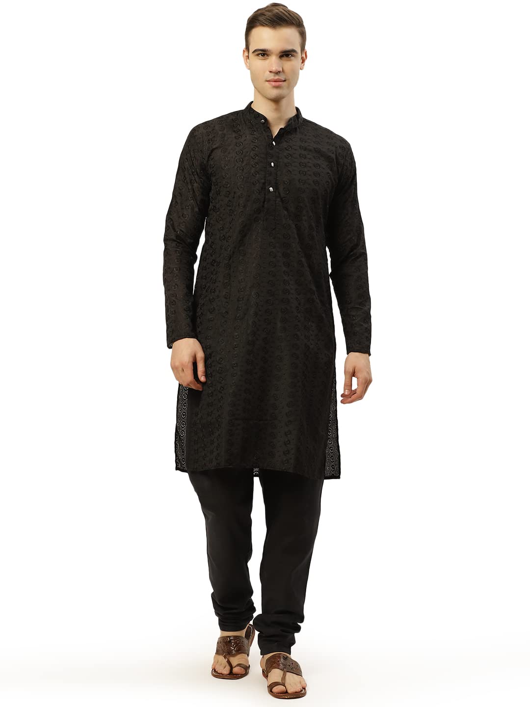 Jompers Men's Black Embroidered Straight Kurta Pyjama Set. (Black, M)