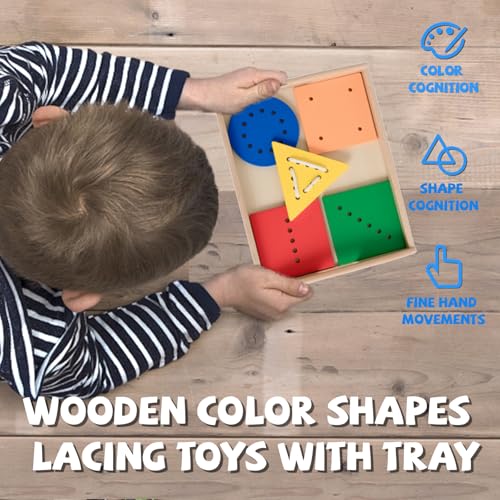 Image of Wooden Toddler Beads and String Lacing Toy Set with Tray - Educational Threading Game for Fine Motor Skills Development - Lacing Cards for Toddlers 1-3,Montessori Toys for 2 3 4 Year Olds(5 Shapes)