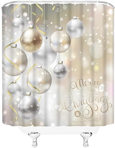 Miniatura 3 de Cortina de ducha de Feliz Navidad, oro blanco y plateado, bolas de Navidad, cinta, copo de nieve, fondo brillante, feliz Navidad, invierno, día