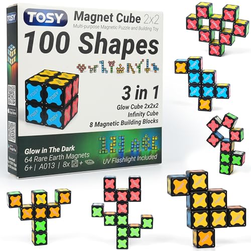 TOSY Magnet Cube 2x2 - 8 Blocks, 2in1 Toy: 2x2x2 Puzzle Cube and Customizable Infinity Cube, Easter Basket Stuffers Gifts for Kids/Grandkids, Glowing with UV Flashlight, Sensory/STEM Toy