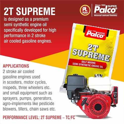 Image of PALCO 2T-SUPREME Engine Oil 40ml Pouch API: TC JASO: FC Small Packet Semi-Synthetic 2-Stroke Petrol Mix Additive for 2 Stroke Bike Scooter Scooty Auto 3 Wheller (40ml X 20 Piece Pouch)