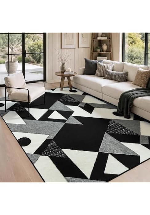YIHOUSE 6x9 Black and White Modern Geometric Patchwork Washable Area Rug | Stain-resistant Low-pi...