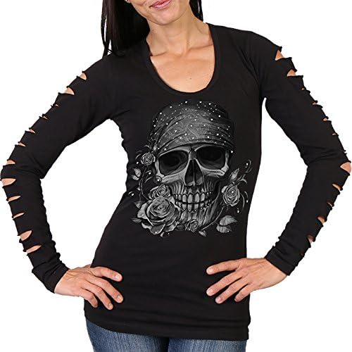 Hot Leathers Women's Bandana Skull Long Slit Sleeve Shirt