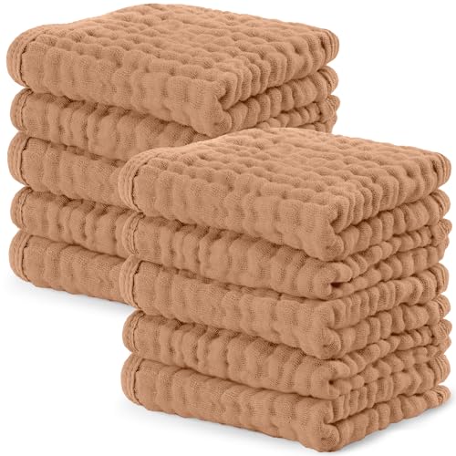Image of Comfy Cubs Muslin Baby Washcloths 10 Pack - Soft 6-Layer Cotton Wash Cloths for Sensitive Skin - 10"x10" Large, Gentle, Absorbent Infant Essentials for Newborn and Toddlers - Caramel