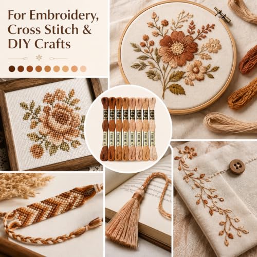 Image of FASHEWELRY 70 Yards Handmade Polyester Embroidery Floss Crewel Cross Stitch Threads 0.5mm 6-Ply Embroidery Thread Bulk for Beginners Adult DIY Sewing Knitting Supplies (Coconut Brown)